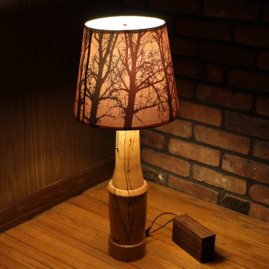 Handcrafted Table Lamp | Spalted Maple Hand Turned Lamp Base | Rustic Cabin Lamp | DC12V Battery Operation | Original Shade Collection