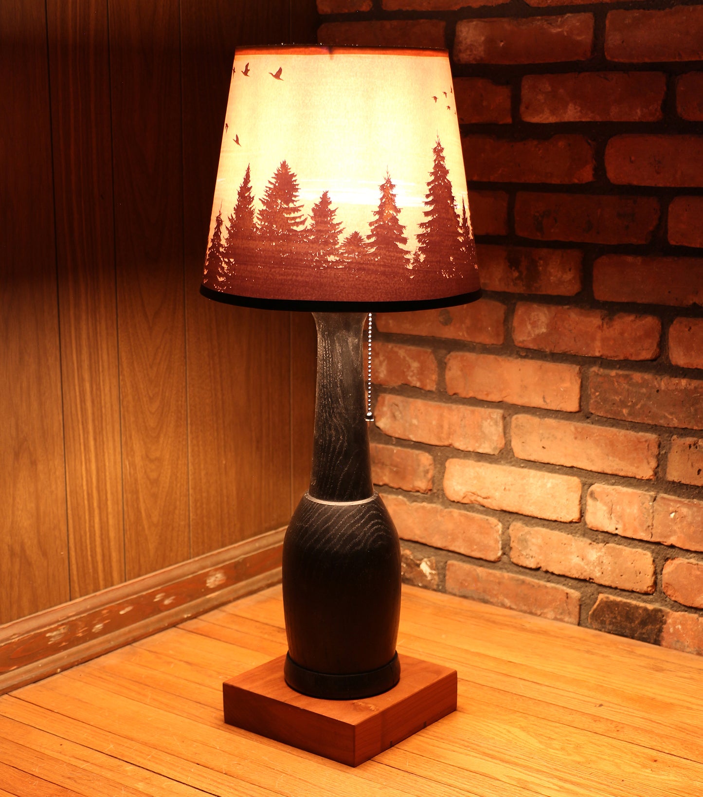 Handcrafted Table Lamp | Rustic Style Cabin Lamp | Oak Wood Turned Lamp Base | DC12V Battery Operation | Original Shade Collection