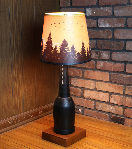 Handcrafted Table Lamp | Rustic Style Cabin Lamp | Oak Wood Turned Lamp Base | DC12V Battery Operation | Original Shade Collection