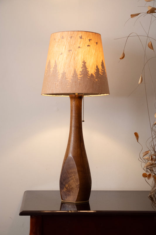 Handcrafted Table Lamp | Mulberry Wood Hand Turned Lamp Base | Rustic Cabin Lamp | DC12V Battery Enbedded | Original Handmade Art Shade