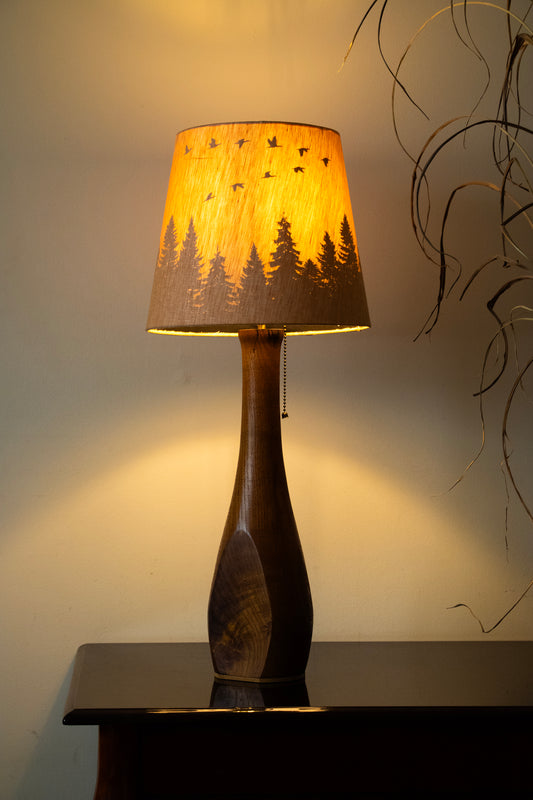 Handcrafted Table Lamp | Mulberry Wood Hand Turned Lamp Base | Rustic Cabin Lamp | DC12V Battery Enbedded | Original Handmade Art Shade